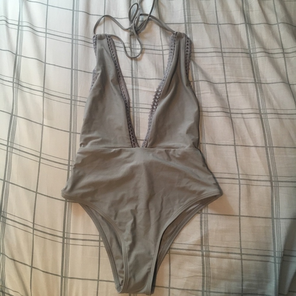 Grey plunging one piece swimsuit